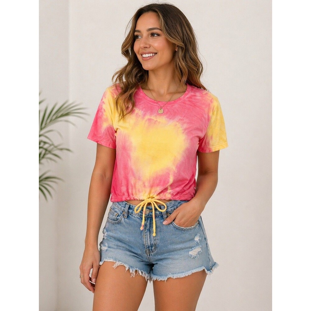 Tie Dye Crop Top Women’s Pink Yellow Drawstring Hem Short Sleeve Y2k Size L